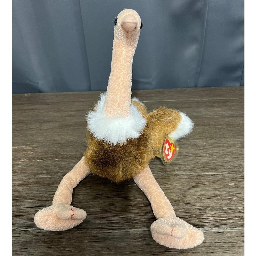 Vintage 1998 Ty Beanie Buddies Stretch the Ostrich Brown White Bird Plush Toy